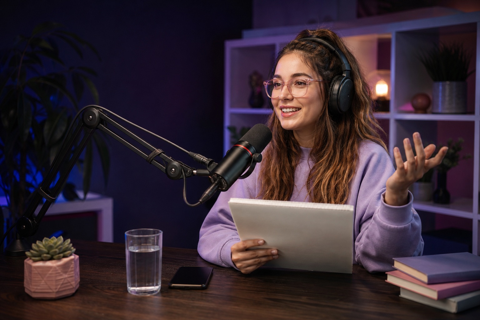 A podcast host welcoming listeners at her recording desk