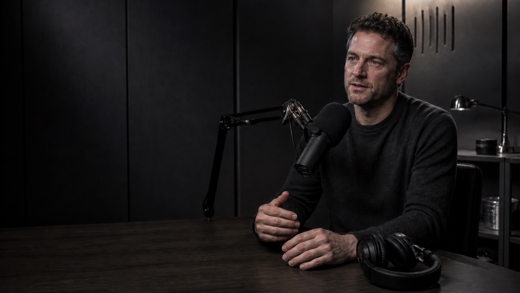 A podcast guest speaking into a studio microphone